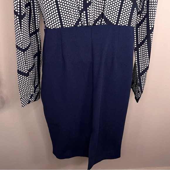 Size 6 Blue White Long Sleeve Dress Dot Print Bow Neckline Accent Zip Closure - Picture 10 of 16